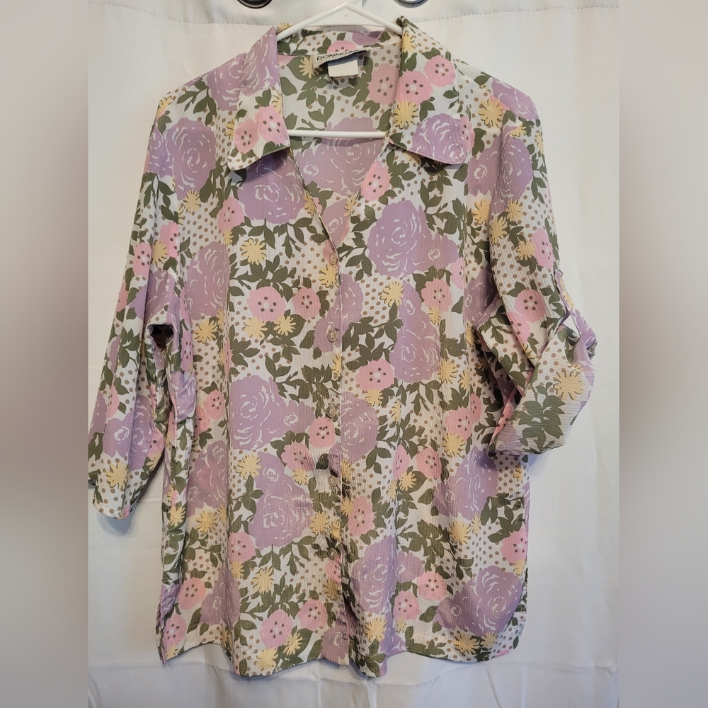 DONNKENNY Floral Women's Button Up Blouse - Pink, Green, And Yellow.